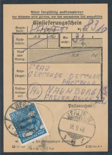 SBZ. EF. Mi.-Nr. 189 auf Einlieferungssschein.