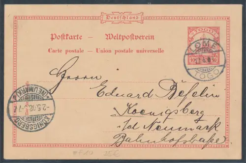 Deutsche Kolonie, Togo Ganzsache P 10 von Lome nach Königsberg gelaufen.