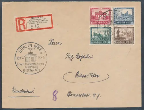 DR. Mi.-Nr. 446-449/Herzstück aus Block 1 auf R.-Fernbrief gelaufen mit Ak.-St.