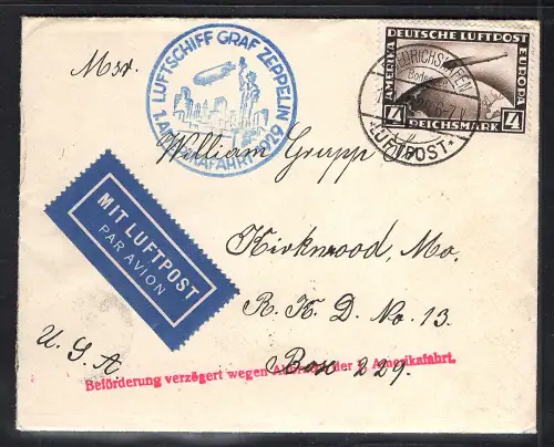 Zeppelin-Brief  LZ 127 1929 mit EF. Mi.-Nr. 424 Amerikafahrt Si. 26  A.
