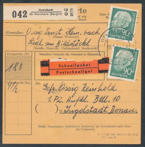 Bund Me.F. Mi.-Nr. 265 auf Paketkarte