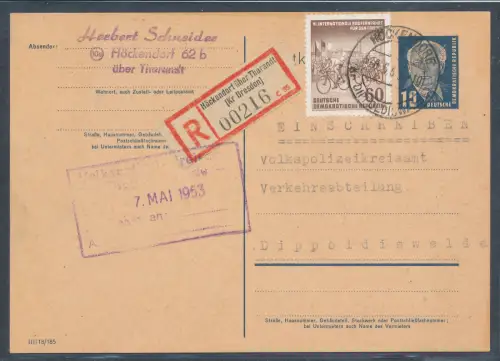 DDR. Ganzsache Mi.-Nr. P 50/03 + 357 als R.-Fernkarte gelaufen.