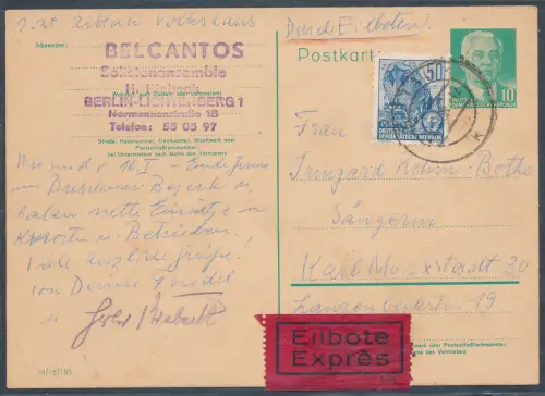 DDR. Ganzsache Mi.-Nr. P 57 u.a. als Eilbote-Fernkarte gelaufen.