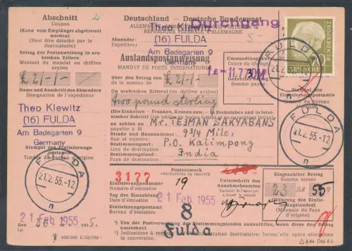 Bund EF. Mi.-Nr. 191 auf Auslandspostanweisung