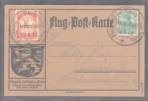 DR., Rhein-Main Flug.-Karte Mi.-Nr. I ab Darmstadtt 12.6.12.