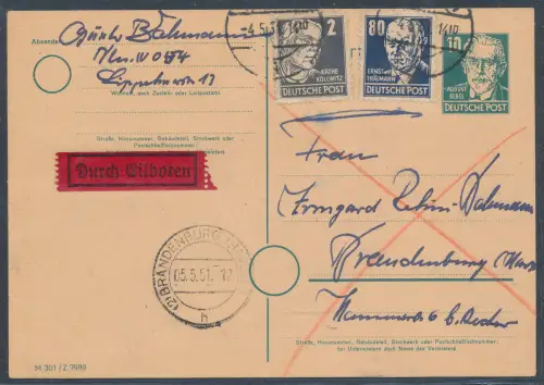 SBZ. Ganzsache P35 als Eilbote-Fernkarte gelaufen.