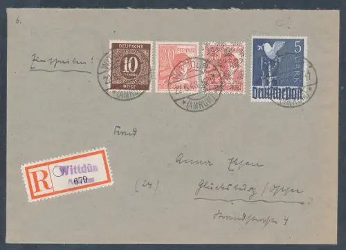 Bizone Zehnfachfrankatur Mi.-Nr. 962 u.a. als R.-Fernbrief gelaufen mit Ak.-St.