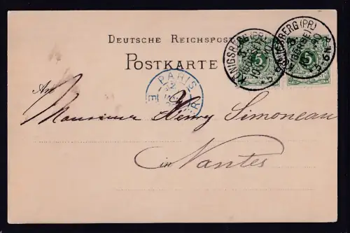 Ausland-Postkarte mit Me.F. Mi.-Nr. 46 aus Königsberg-Börse nach Paris.