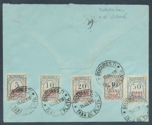 Dt. Besetzung 1. WK. Rumänien Mi.-Nr. P 1-5 auf Fernbrief mit Tax.
