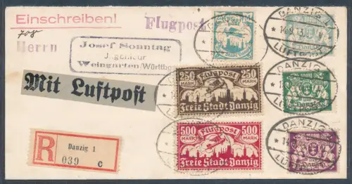 Danzig Mi.-Nr. 133, 136. 137, 153-156 auf L.-R.-Fernbrief gelaufen.