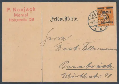 Memel EF. Mi.-Nr. 21 auf Postkarte nach Osnabrück gelaufen.