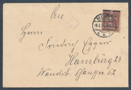 Memel EF. Mi.-Nr.  22a auf fernbrief nach Hamburg gelaufen.