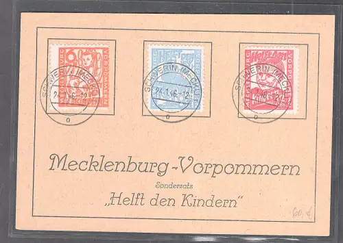 SBZ., MVP., Mi.-Nr. 26-28 gestempelt auf Gedenkkarte