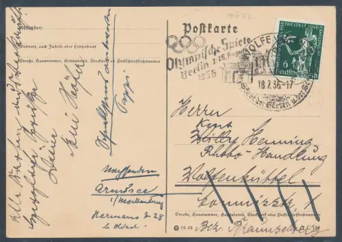 DR., Fernkarte mit Ef. Mi.-Nr. 622 mit dem SSt. Olympische spiele Berlin 1936.