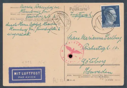 DR., EF. Mi.-Nr. 793 auf Luftpost-Auslandkarte gelaufen,zensiert.