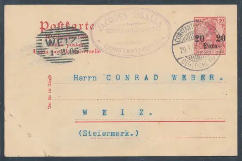 Dt. Post in der Türkei, Ganzsache Mi.-Nr. P11  als Auslandkarte gelaufen.