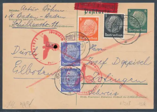 DR., Ganzsachen Mi.-Nr. P 218 als 4 Farben Frankatur Auslandkarte gelaufen.