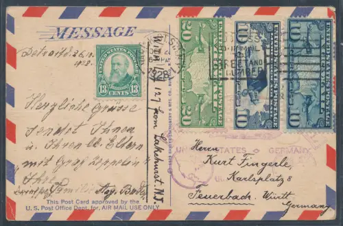 Zeppelin-Karte USA - Germany 1928 Si.22 mit USA. Mi.-Nr. 300, 302, 306 c.