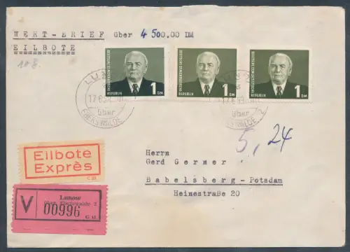 DDR.  Wertbrief mit 3 x 1 Mark Marken