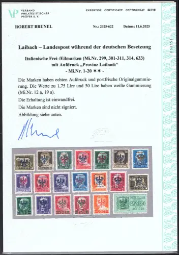 Dt. Besetzung 1939/45 Laibach Mi.-Nr. 1-20 postfrisch, FA. Brunel.