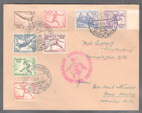Zeppelin-Brief, Olympiafahrt 1936 Si. 427 Ba,  mit DR. Mi.-Nr. 609-616