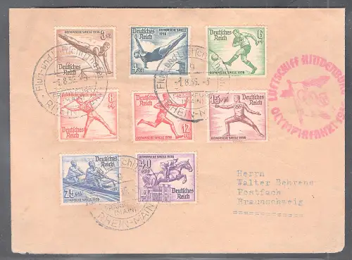 Zeppelin-Brief, Olympiafahrt 1936 Si. 427 Ba,  mit DR. Mi.-Nr. 609-616
