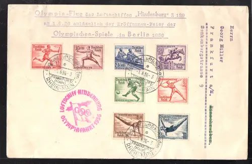 Zeppelin-Brief, Olympiafahrt 1936 Si. 427 Ba,  mit DR. Mi.-Nr. 609-616