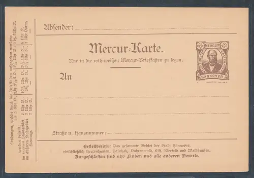 Privatpost, Mercur Hannover  2,5 Pf.,  Ganzsache  ungebraucht.