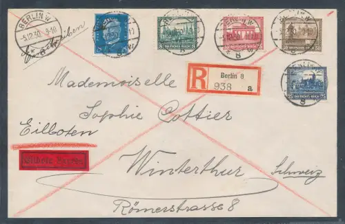 DR. Satzbrief Mi.-Nr. 450-453 als R.-Eilbote-Auslandbrief gelaufen mit Ak.-St.