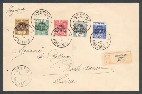 Britische Kolonie Togo 5 Farben-Frankatur auf R.-Auslandbrief mit Ak.-St.