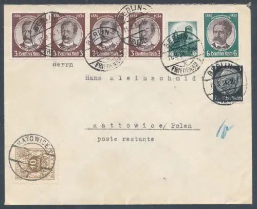 DR. Ausland-Brief nach Polen mit 4x Mi.-Nr. 540 yb + Polnische Portomarke.