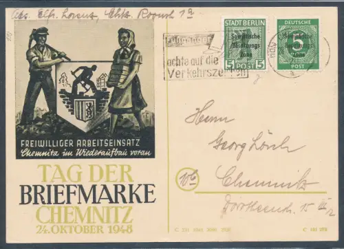 SBZ. Sonderkarte Tag der Briefmarke Chemnitz 1948.