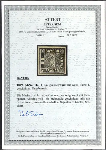 Bayern  Mi.-Nr. 1 Ia ungebraucht, FA. SemBPP