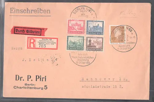 DR. Mi.-Nr. 446-449/Herzstück aus Block 1 auf R.-Eilbote-Fernbrief gelaufen/FDC.