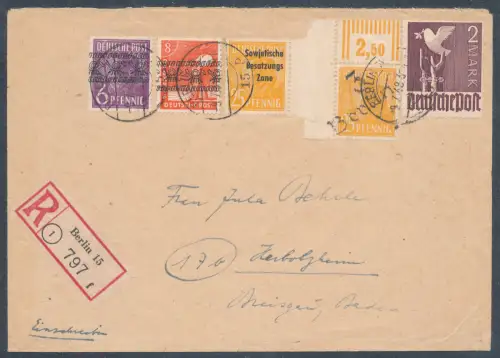 SBZ, Handstempel Bezirk 3 Mi.F. Mi.-Nr. 175 u.a.  als R.-Fernbrief gelaufen.
