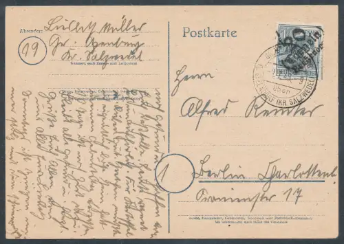 SBZ, Handstempel Bezirk 20/Tangeln  EF. Mi.-Nr. 173 als Fernkarte gelaufen.