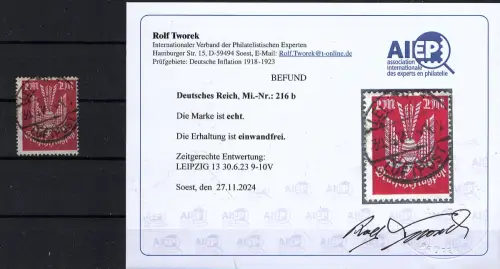 DR. Mi.-Nr.216 b, gestempelt, Befund  Tworek.