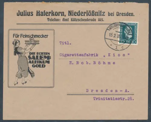 DR. Reklame-Brief Julius Haferkorn, "Für Feinschmecker",  Niederlößnitz.