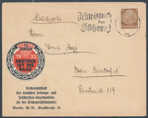 DR. Drucksache mit  Propaganda-Vignette  "Deutsch ist die Saar".