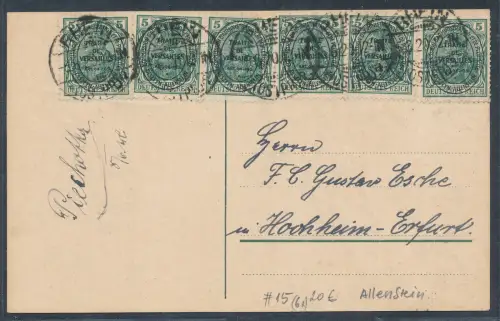 Allenstein Me.F. Mi.-Nr. 15 (6x) auf Fernkarte.