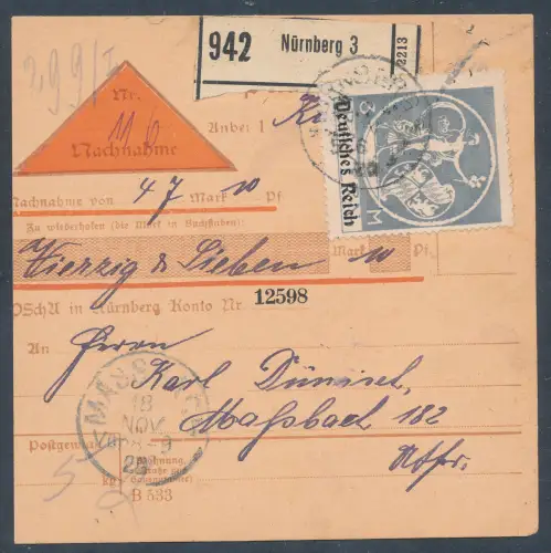 DR., EF. Mi.-Nr. 134 auf Paketkarte.