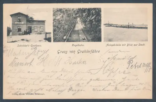 Ansichtskarte, Gruss von Grahlerfähre - Schröders Gasthaus -mit Blick zur Stadt.