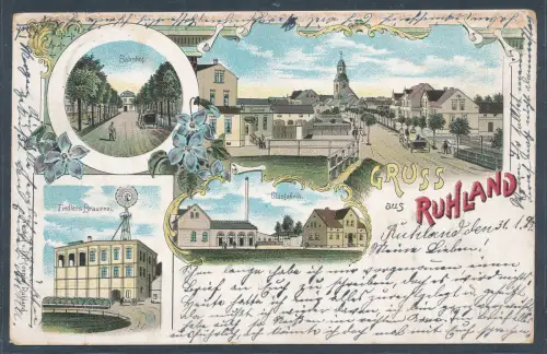 Ansichtskarte, Gruss aus Ruhland - Bahnhof - Fiedlers Brauerei - Glasfabrik.