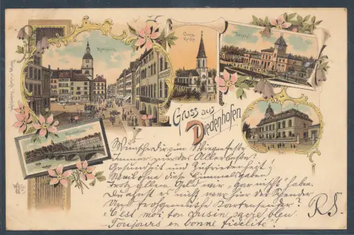 Ansichtskarte,  Gruss aus Diedenhofen - Marktplatz - Bahnhof - Moselbrücke -Post