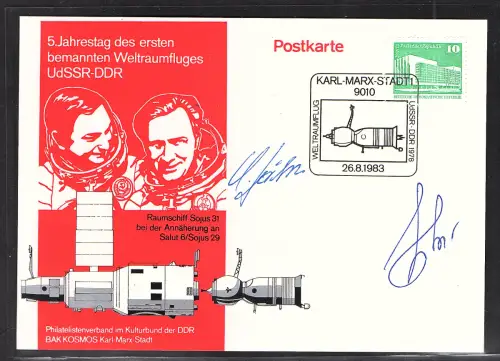DDR. Waleri Bykowski, Sigmund Jähn Autogramm auf Gedenkkarte zum 5. Jahrestag...