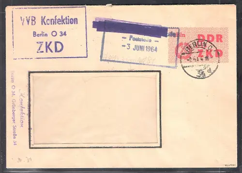 DDR. ZKD-Dienslaufkontrollzettel Mi.-Nr. 31 XV EF. auf Brief.