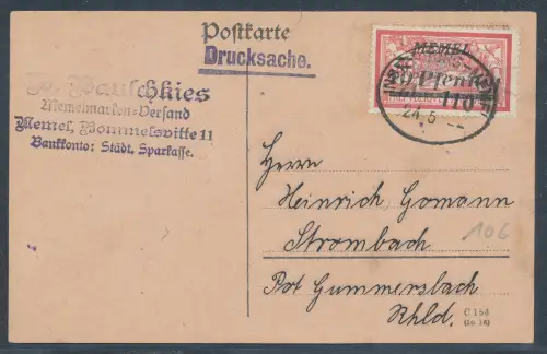 Memel EF. Mi.-Nr. 60 auf Drucksche Postkarte mit BP.-St.