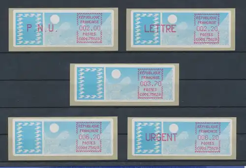 Frankreich ATM Taube C001.75628, Satz 5 Werte 9.Tarif ** spitze Ecken lilarot
