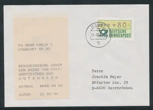 Bundesrepublik ATM:  FDC erster MWZD 2. Gen. mit Quittung Köln1 vom  22.3.84  