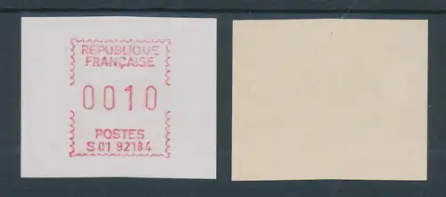 Frankreich FRAMA/SATAS-ATM  S01 92184 seltenes Camp-Papier dick/weiss, ATM ** 